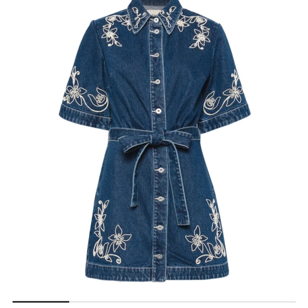 Alemais Dark Blue Denim Shirt Dress with White Floral Embroidery